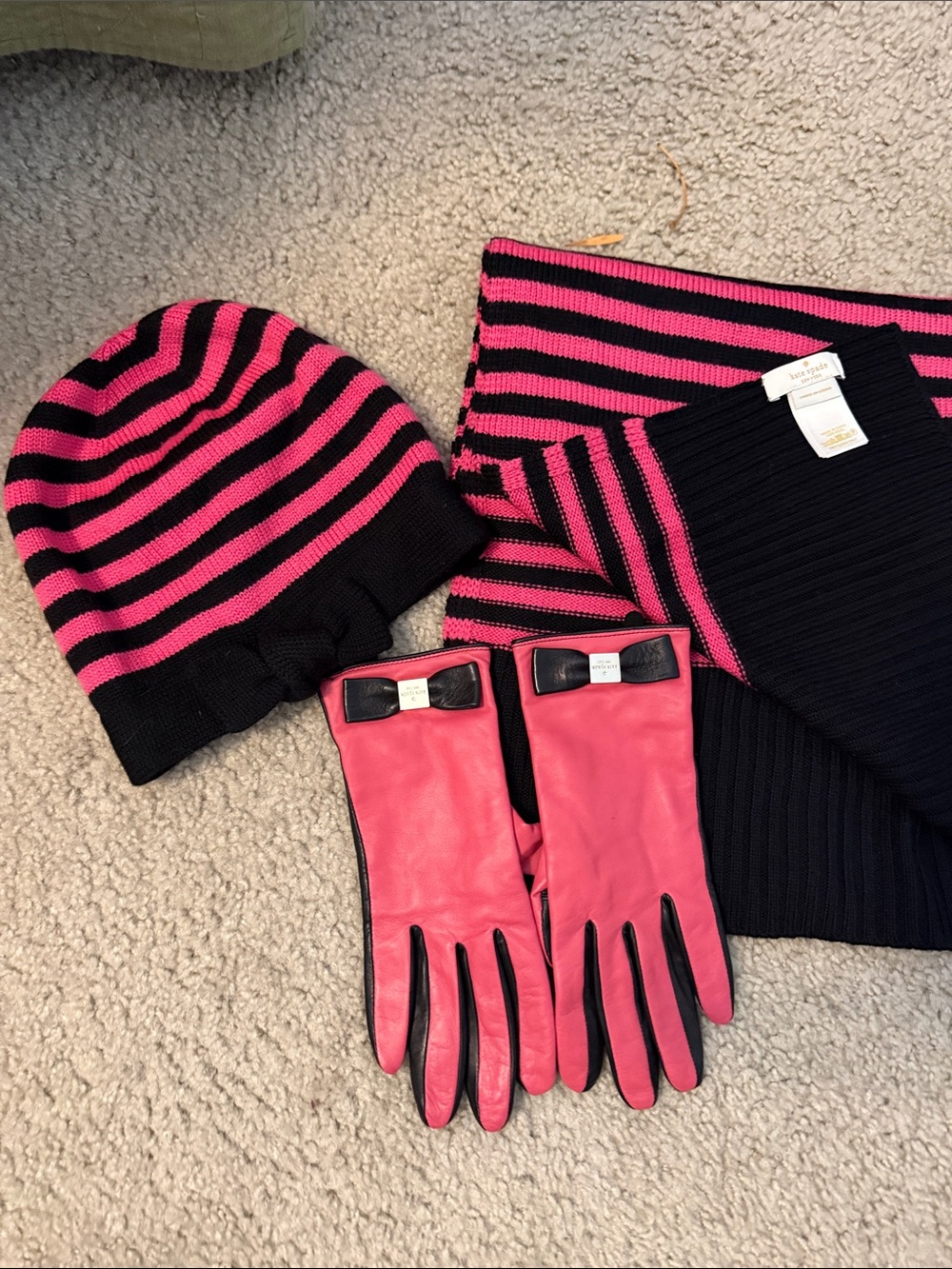 kate spade Pink and Black Striped Hat, Scarf & Pink Leather Bow Gloves Set